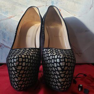 CHRISTIAN LOUBOUTIN Black/Gold Glitter Floque Suede Platform Pump